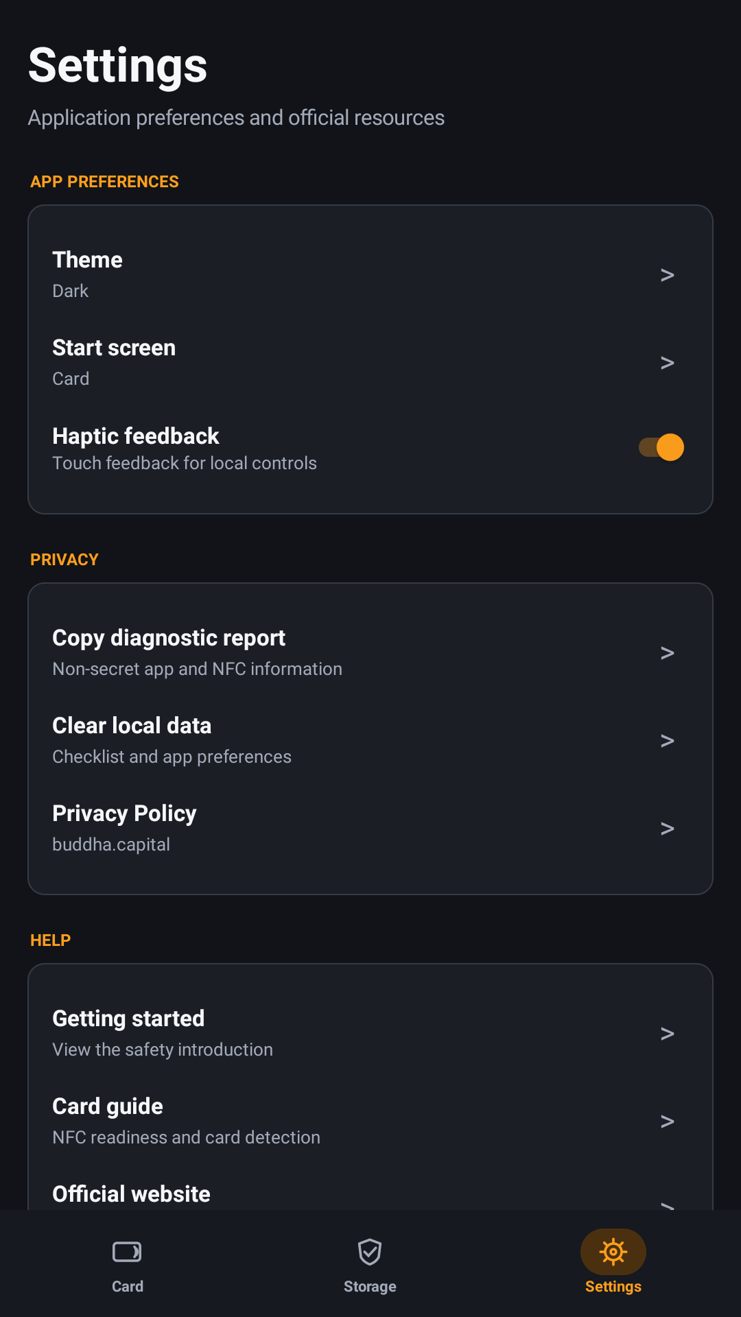 Privacy and support settings in the Wallet Buddha Android app
